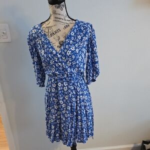 Calvin Klein Floral Wrap Mini Dress in Blue and White